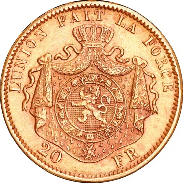 Золотая монета 20 франков 1876 Бельгия