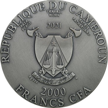 Срібна монета 2oz Цербер 2000 франків КФА 2021 Камерун (кольорова, Antique Finish)