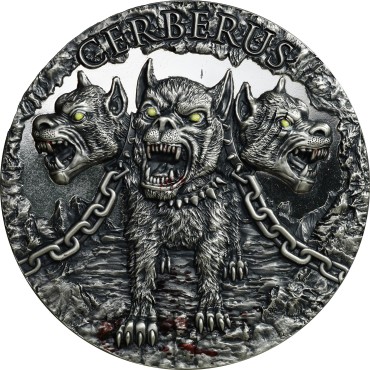 Срібна монета 2oz Цербер 2000 франків КФА 2021 Камерун (кольорова, Antique Finish)