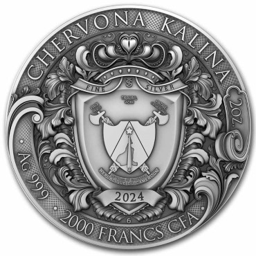 Серебряная монета 2oz Калина Красная 2000 франков КФА 2024 Камерун (цветная, позолота, Antique Finish)