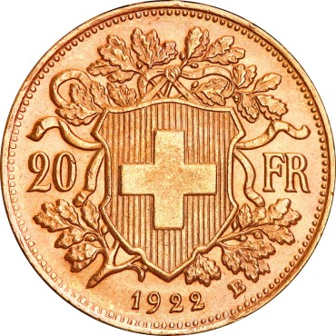 Золотая монета Гельвеция 20 франков 1922 Швейцария