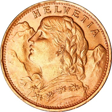 Золотая монета Гельвеция 20 франков 1922 Швейцария