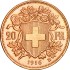 Золотая монета Гельвеция 20 франков 1916 Швейцария