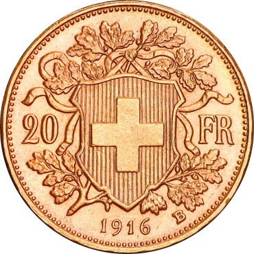 Золотая монета Гельвеция 20 франков 1916 Швейцария