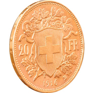 Золотая монета Гельвеция 20 франков 1916 Швейцария