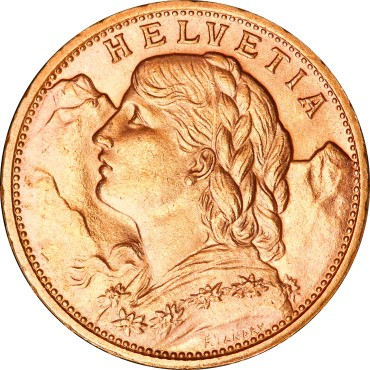 Золотая монета Гельвеция 20 франков 1916 Швейцария