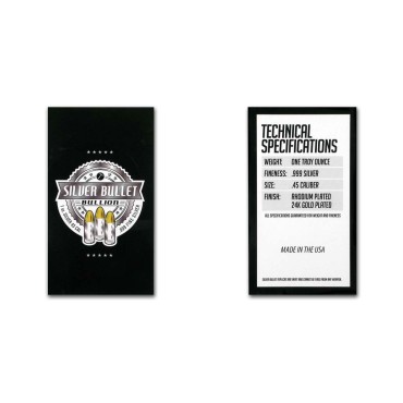 Срібний раунд 1oz Патрон .45 Калібру США (покриття золото та родій)
