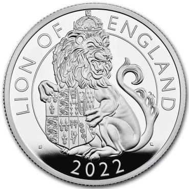 Серебряная монета 2oz Лев Англии "Королевские Звери Тюдоров" 5 фунтов 2022 Великобритания (пруф)