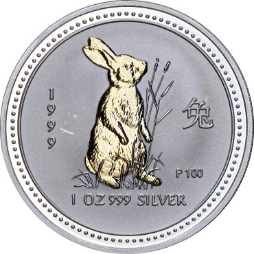 Серебряная монета 1oz Год  Кролика 1 доллар 1999 Австралия (позолота)