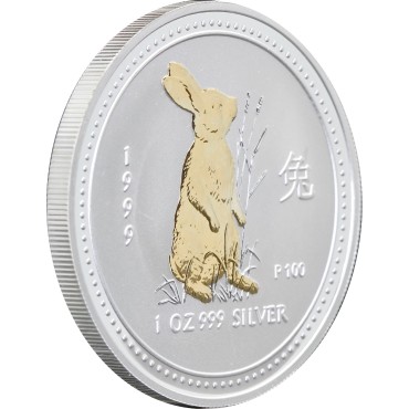 Серебряная монета 1oz Год  Кролика 1 доллар 1999 Австралия (позолота)