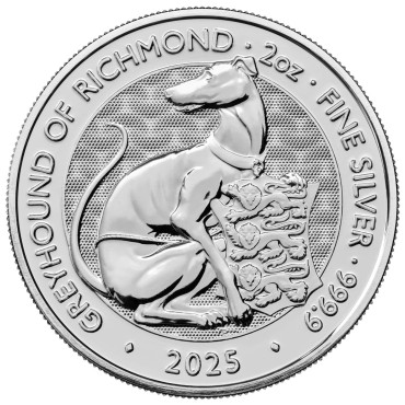 Срібна монета 2oz Борза Річмонда "Королівські Звірі Тюдорів" 5 фунтів 2025 Великобританія