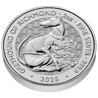 Серебряная монета 2oz Борзая Ричмонда "Королевские Звери Тюдоров" 5 фунтов 2025 Великобритания