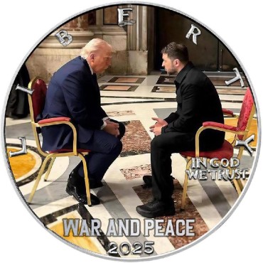 Срібна монета 1oz ВІЙНА ТА МИР Трамп Зеленський Ватикан 1 долар 2025 США (кольорова)