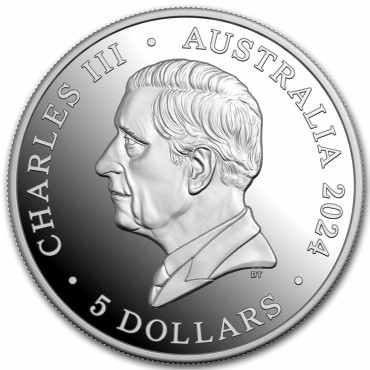 Серебряная монета 1oz Крестовидный Дельфин 5 долларов 2024 Австралия (пруф, высокий рельеф)