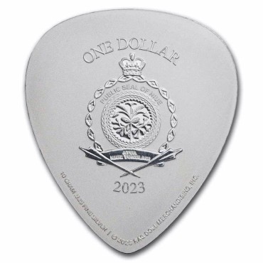 Серебряная монета 10гр "Aerosmith 50-ти летие" Гитарный Медиатор 1 доллар 2023 Ниуэ