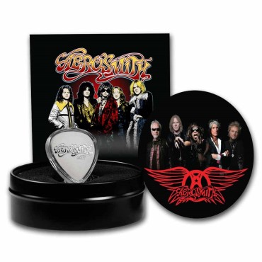 Серебряная монета 10гр "Aerosmith 50-ти летие" Гитарный Медиатор 1 доллар 2023 Ниуэ