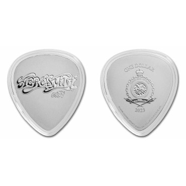 Серебряная монета 10гр "Aerosmith 50-ти летие" Гитарный Медиатор 1 доллар 2023 Ниуэ