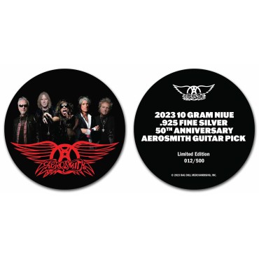 Серебряная монета 10гр "Aerosmith 50-ти летие" Гитарный Медиатор 1 доллар 2023 Ниуэ