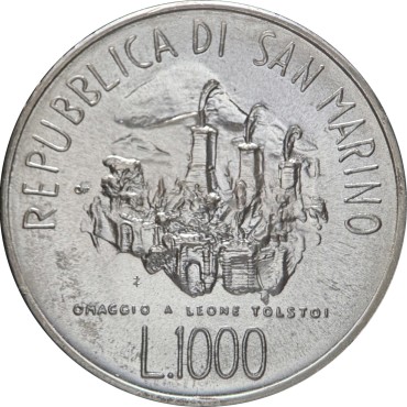 Срібна монета 150 Років З Дня Народження Льва Миколайовича Толстого 1000 лір 1978 Сан-Марино