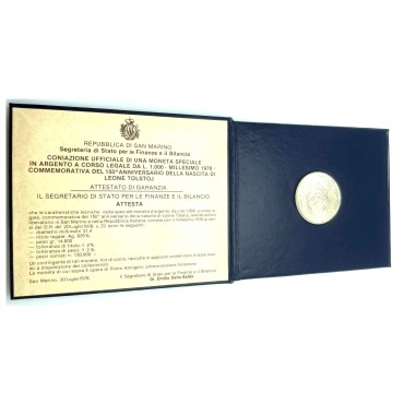 Срібна монета 150 Років З Дня Народження Льва Миколайовича Толстого 1000 лір 1978 Сан-Марино