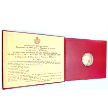 Серебряная монета 12 Лет Введению Системы Социального Обеспечения 500 лир 1976 Сан-Марино