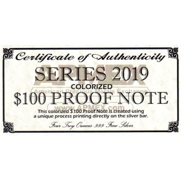 Серебряная банкнота 4oz "100 долларов" 2019 США  (пруф, цветная)