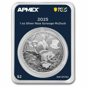 Серебряная монета 1oz Скрудж МакДак Дисней 2 доллара 2025 Ниуэ (MintDirect® Premier + PCGS FS®)