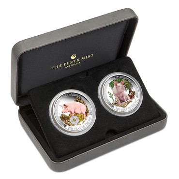 Набор серебряных монет 2oz Год Свиньи «Богатство и Мудрость» 2019 Тувалу (цветные, пруф)