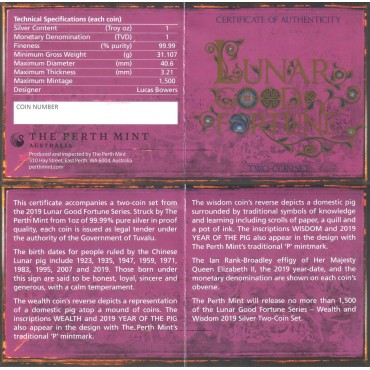 Набор серебряных монет 2oz Год Свиньи «Богатство и Мудрость» 2019 Тувалу (цветные, пруф)