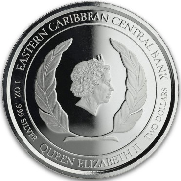 Серебряная монета 1oz Антигуа и Барбуда 2 доллара 2020 Восточные Карибы (цветная)