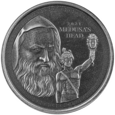 Серебряная монета 1oz Персей С Головой Медузы 1 фунт 2021 Гибралтар (Antique Finish)