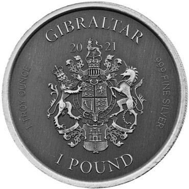 Серебряная монета 1oz Персей С Головой Медузы 1 фунт 2021 Гибралтар (Antique Finish)