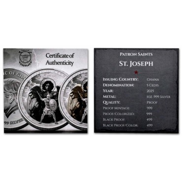 Серебряная монета 1oz Святой Иосиф 5 седи 2025 Гана (пруф)