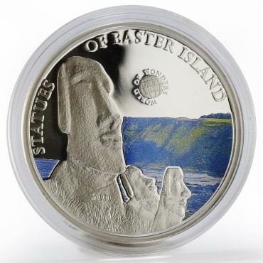 Серебряная монета Статуи Острова Пасхи 5 долларов 2010 Палау (цветная)