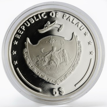 Серебряная монета Статуи Острова Пасхи 5 долларов 2010 Палау (цветная)