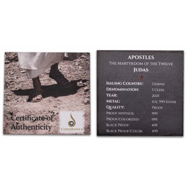 Серебряная монета 1oz Мученичество 12 Апостолов: Иуда 5 седи 2025 Гана (пруф)