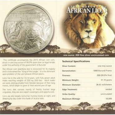 Срібна монета 1oz Африканський Лев 5000 франків 2015 Бурунді