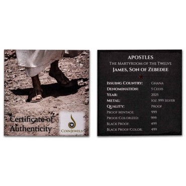 Серебряная монета 1oz Мученичество 12 Апостолов: Иаков 5 седи 2025 Гана (пруф)