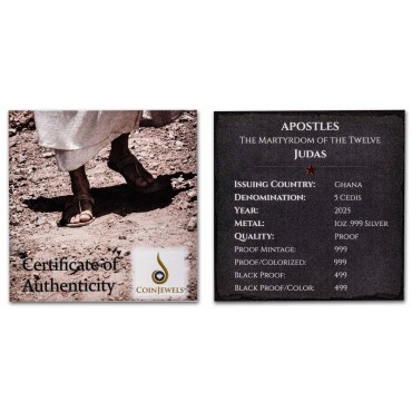 Серебряная монета 1oz Мученичество 12 Апостолов: Иуда 5 седи 2025 Гана (пруф, цветная)