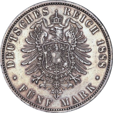 Серебряная монета 5 марок 1888 Пруссия Германская Империя