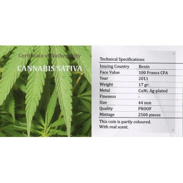 Монета Cannabis Sativa (Марихуана) 100 франков КФА доллар 2011 Бенин (цветная, посеребрённая)