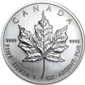 Серебряная монета 1oz Кленовый Лист 5 долларов 2008 Канада (молочные пятна)