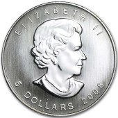 Серебряная монета 1oz Кленовый Лист 5 долларов 2008 Канада (молочные пятна)