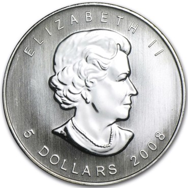 Серебряная монета 1oz Кленовый Лист 5 долларов 2008 Канада (молочные пятна)