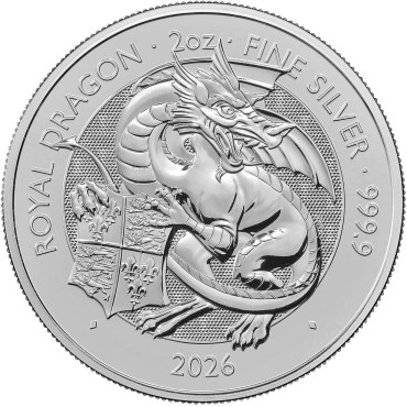 Срібна монета 2oz Королівський Дракон "Королівські Звірі Тюдорів" 5 фунтів 2026 Великобританія