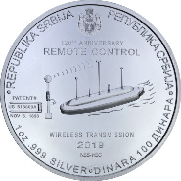 Серебряная монета 1oz Никола Тесла 100 динаров 2019 Сербия
