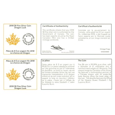 Срібна монета 1/4oz Дракон 8 доларів 2018 Канада