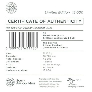 Серебряная монета 1oz Слон 5 ранд 2019 Южная Африка