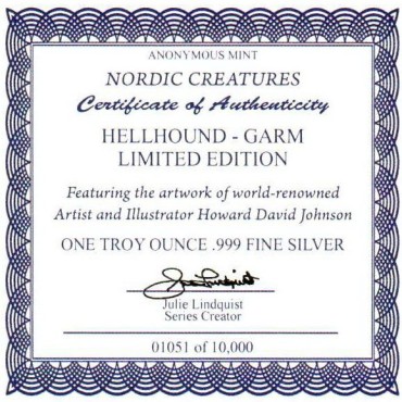 Срібний раунд 1oz Пекельний Пес - Гарм серія "Нордичні Істоти"