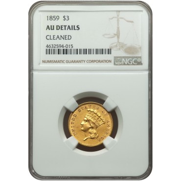 Золотая монета 3 доллара 1859 США NGС AU Details